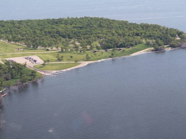 Aerial view over Graham's Island State Park on Devils Lake, Devils Lake, ND. 