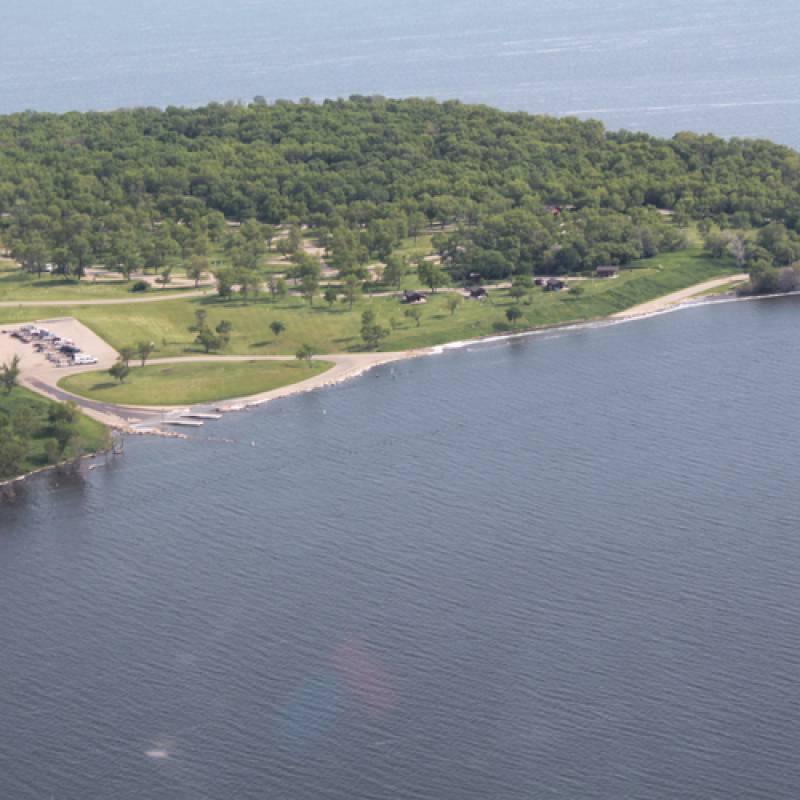 Aerial view over Graham's Island State Park on Devils Lake, Devils Lake, ND. 